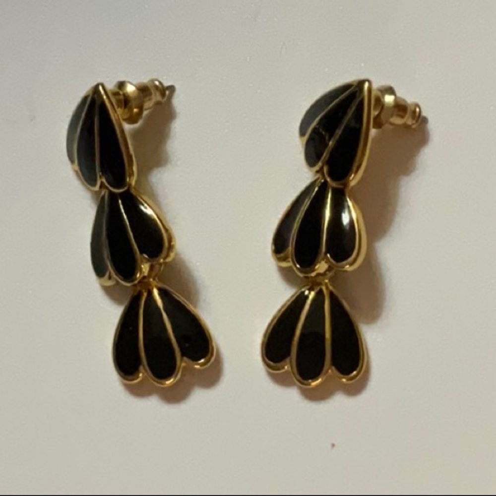 Napier Black Enamel and Gold Tone Metal Post and Clutch Dangle Drop Earrings
